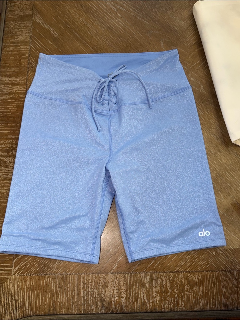 ALO Yoga Light Blue Lace-Up High-Rise Bike Shorts